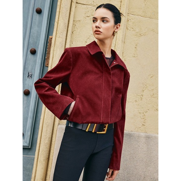 Commense Burgundy Lapel Suede Jacket, Collared Zipper-Pockets Size S - Picture 3 of 6